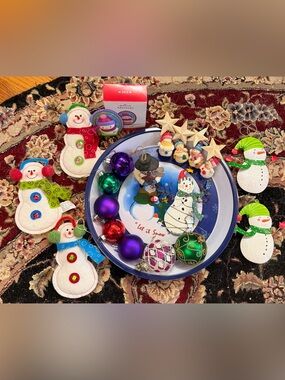 Holiday Snowman Decorative Plate with Assorted Christmas Ornaments -